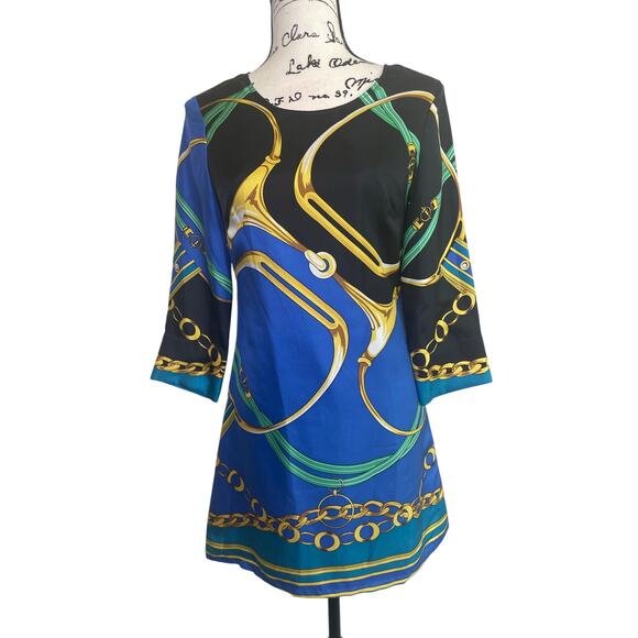 JULIE BROWN SHEATH DRESS 100% SILK SZ 0 EQUESTRIAN PRINT ECLECTIC CHIC COCKTAIL - Picture 9 of 16